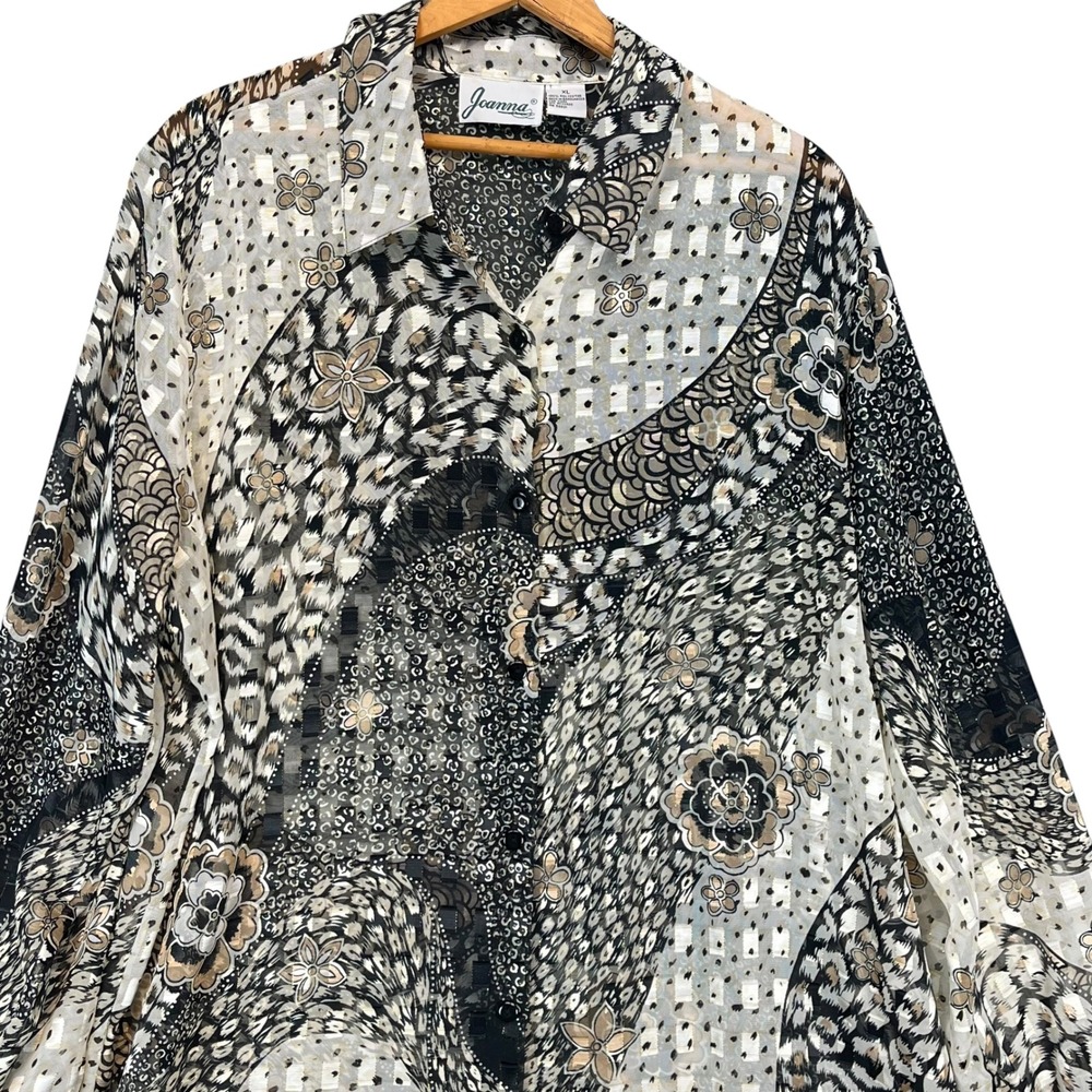 Joanna Vintage Women's Animal Floral Abstract Retro Button Up Sheer Blouse XL